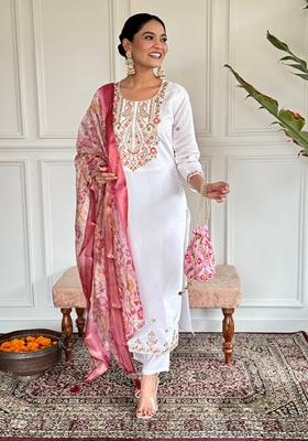 White Embroidered Viscose Chanderi Kurta Set