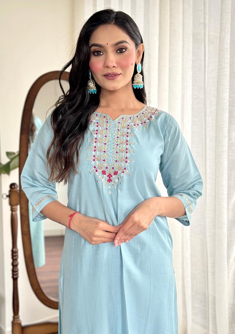 Sky Blue Embroidered Viscose Chanderi Kurta Set