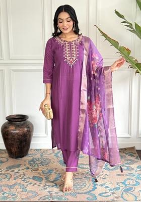 Purple Embroidered Viscose Chanderi Kurta Set