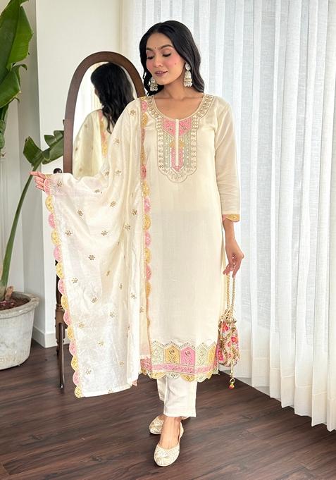 Cream Embroidered Viscose Chanderi Kurta Set