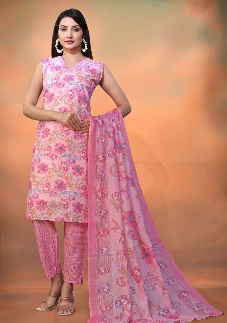 Pink Printed Cambric Cotton Kurta Set - Indya