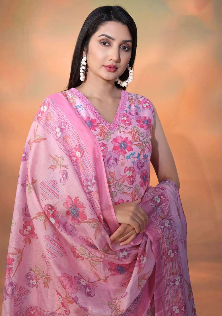 Pink Printed Cambric Cotton Kurta Set - Indya