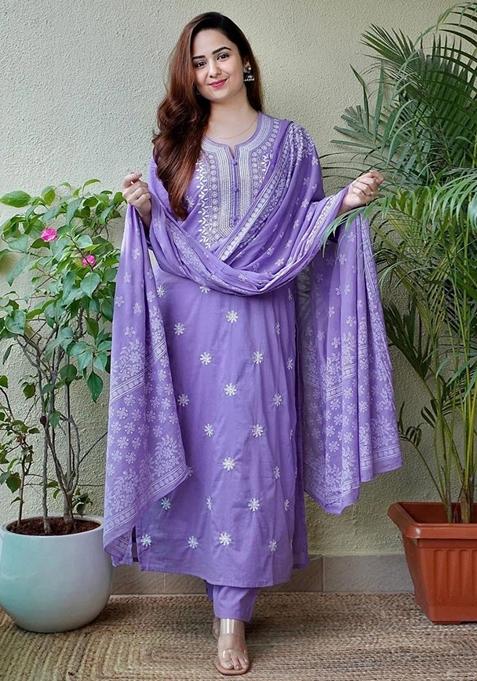 Lavender Embroidered Cotton Kurta Set