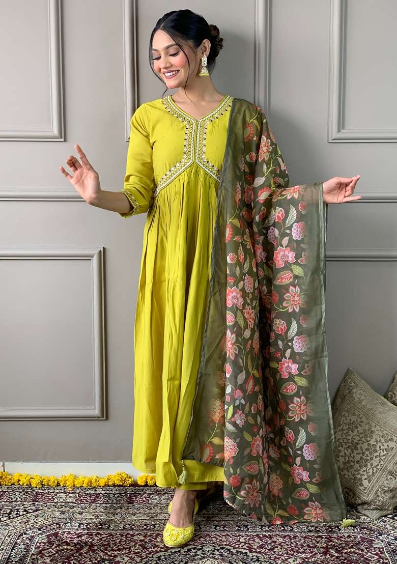 Lemon Yellow Embroidered Viscose Chanderi Kurta Set - Indya