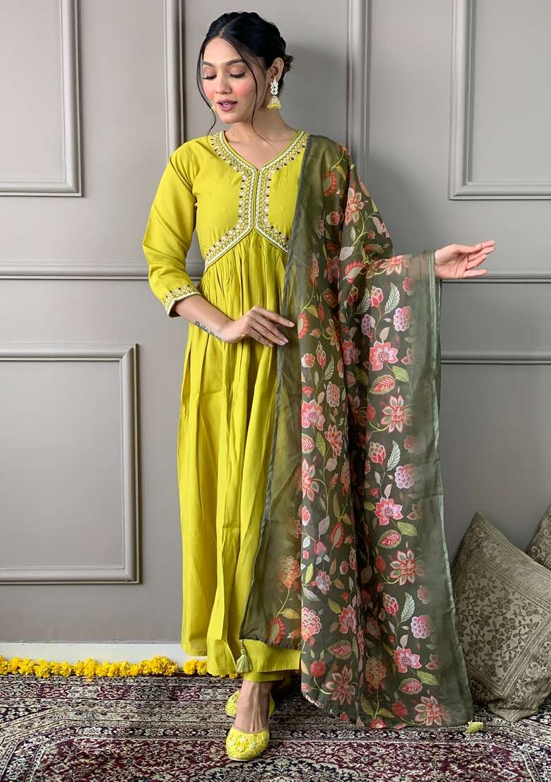 Lemon Yellow Embroidered Viscose Chanderi Kurta Set - Indya