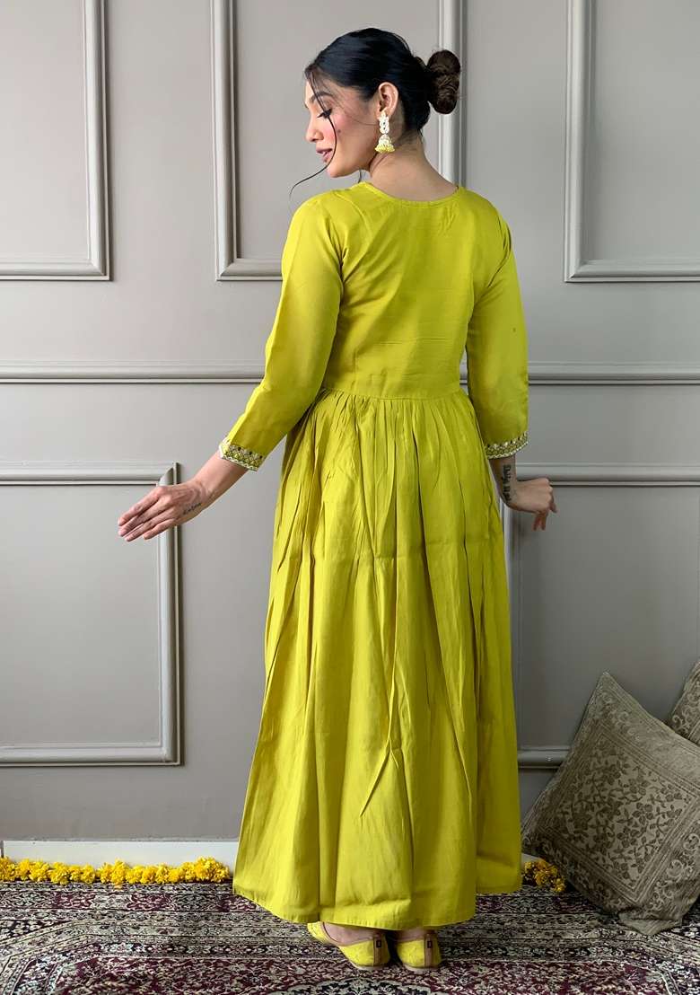 Lemon Yellow Embroidered Viscose Chanderi Kurta Set - Indya