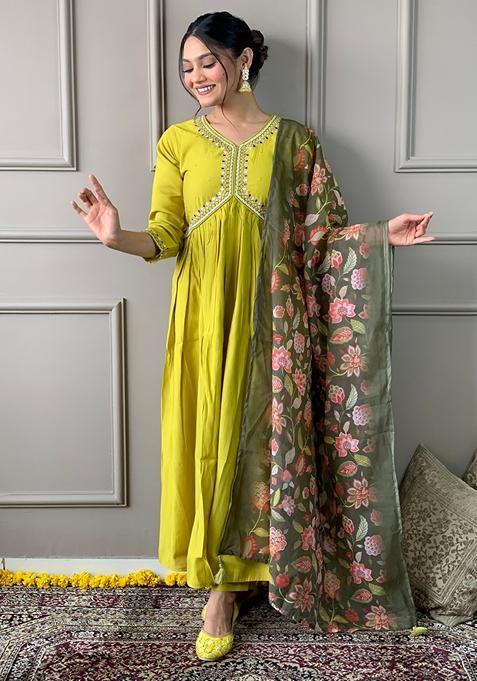 Lemon Yellow Embroidered Viscose Chanderi Kurta Set