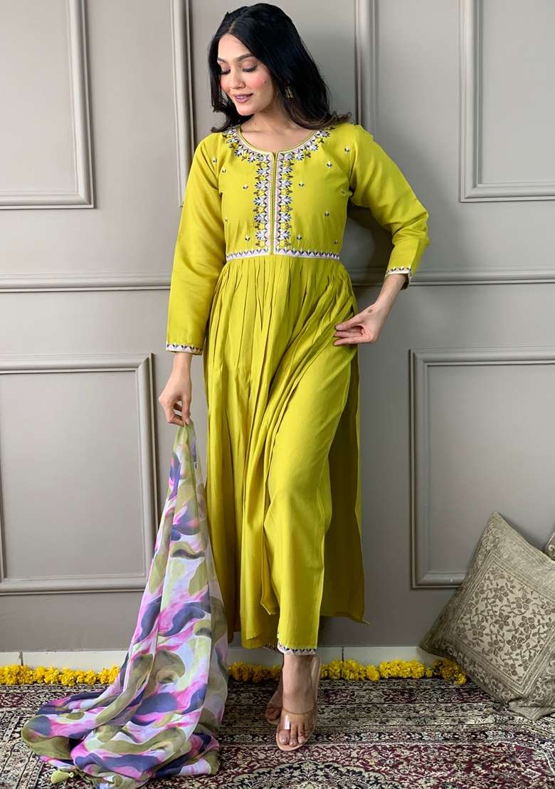 Lemon Yellow Embroidered Viscose Chanderi Kurta Set - Indya