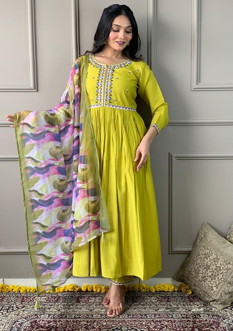 Lemon Yellow Embroidered Viscose Chanderi Kurta Set