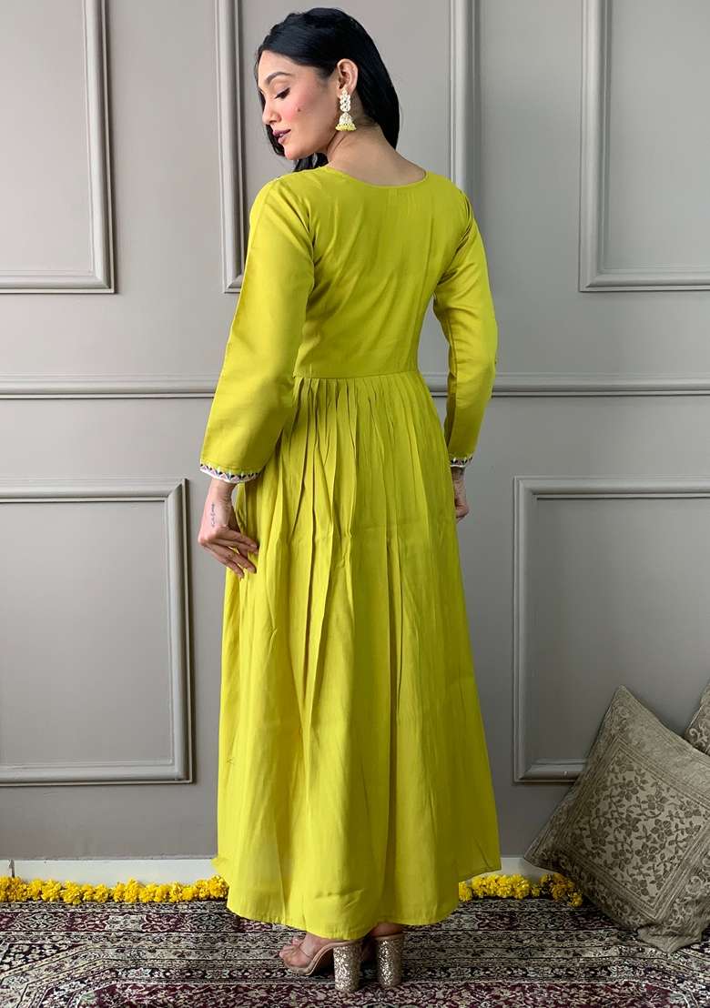 Lemon Yellow Embroidered Viscose Chanderi Kurta Set - Indya