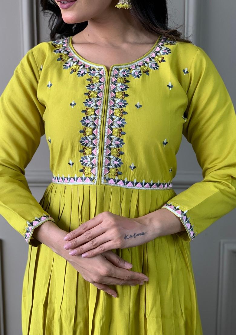 Lemon Yellow Embroidered Viscose Chanderi Kurta Set