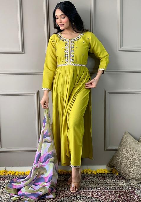 Lemon Yellow Embroidered Viscose Chanderi Kurta Set