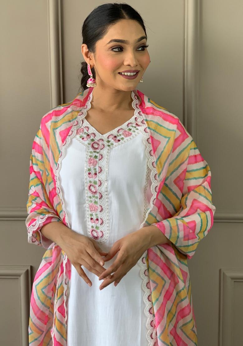 White Embroidered Viscose Chanderi Kurta Set