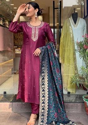Burgundy Embroidered Viscose Rayon Kurta Set