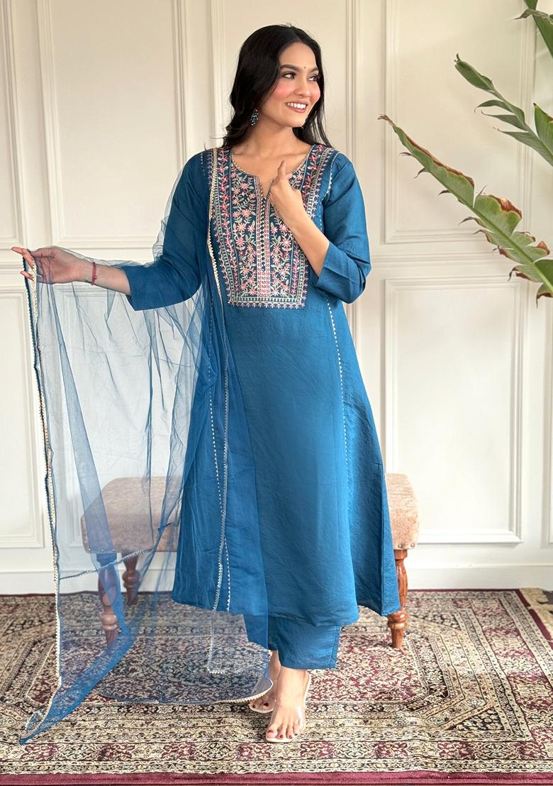Teal Blue Embroidered Viscose Chanderi Kurta Set