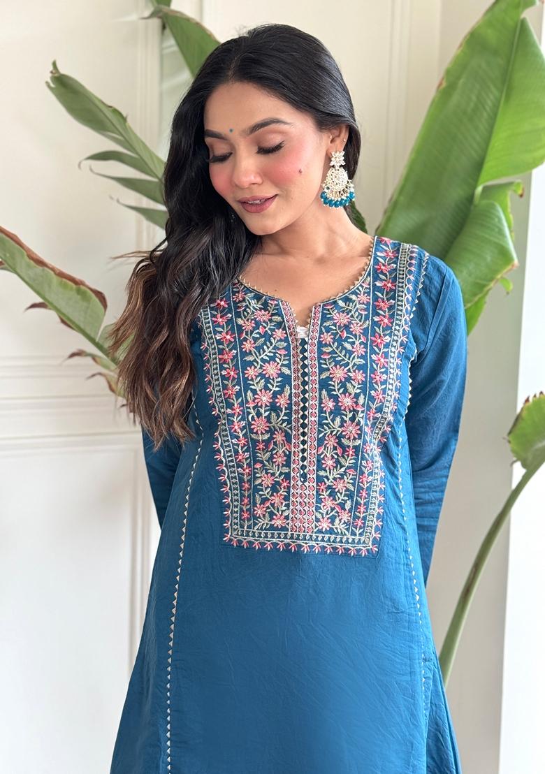 Teal Blue Embroidered Viscose Chanderi Kurta Set