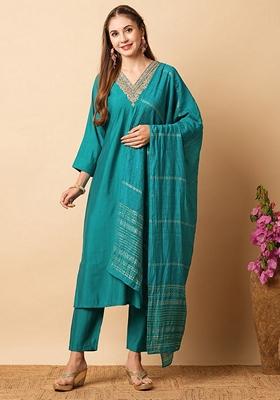 Teal Blue Embroidered Viscose Chanderi Kurta Set