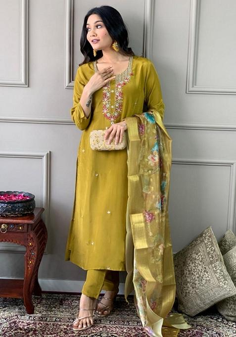 Mustard Embroidered Viscose Chanderi Kurta Set