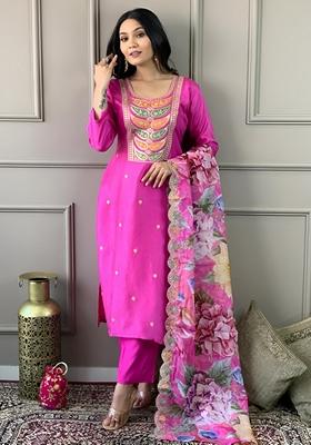 Pink Embroidered Viscose Chanderi Kurta Set