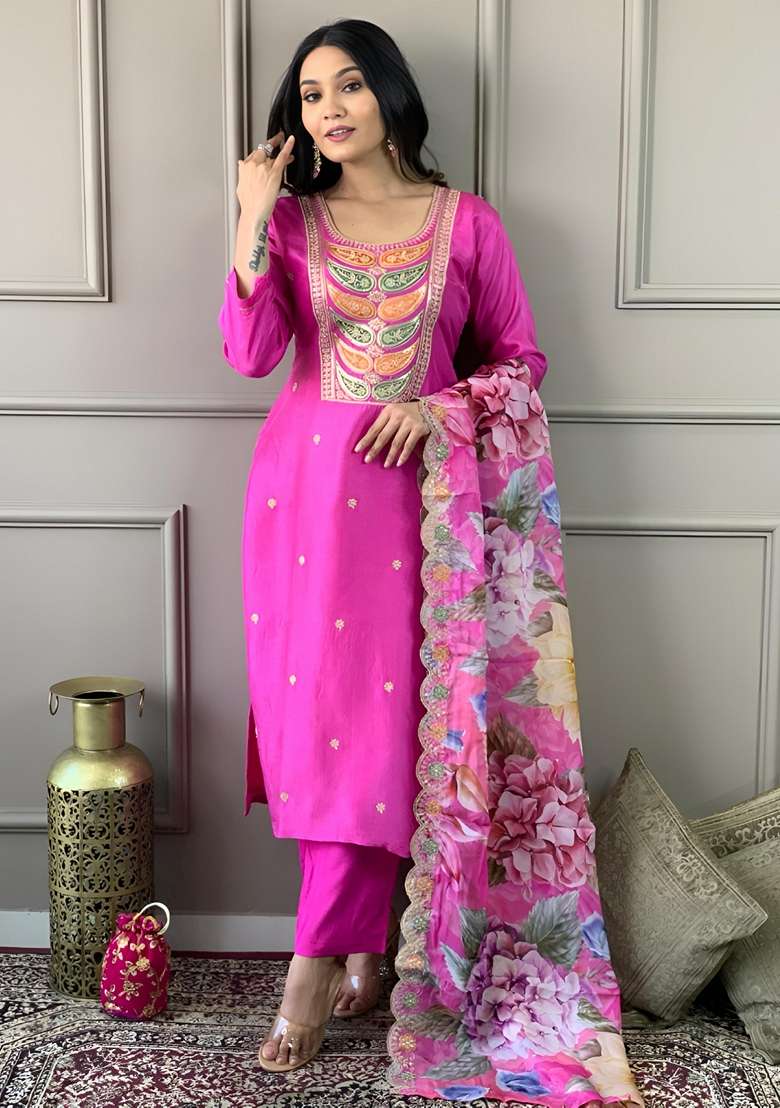 Pink Embroidered Viscose Chanderi Kurta Set - Indya