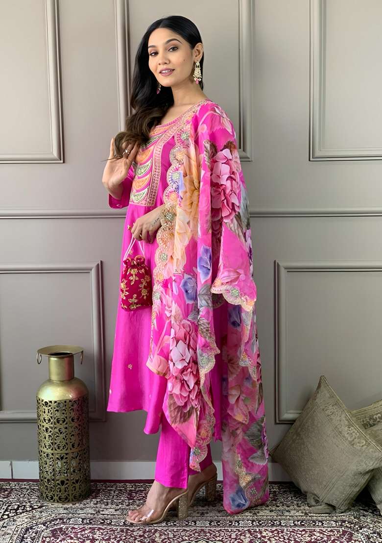 Pink Embroidered Viscose Chanderi Kurta Set - Indya