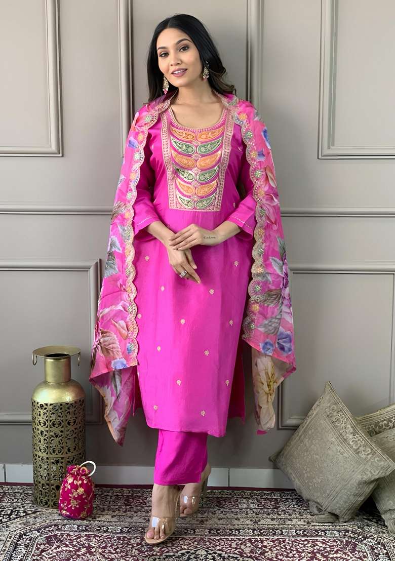 Pink Embroidered Viscose Chanderi Kurta Set - Indya