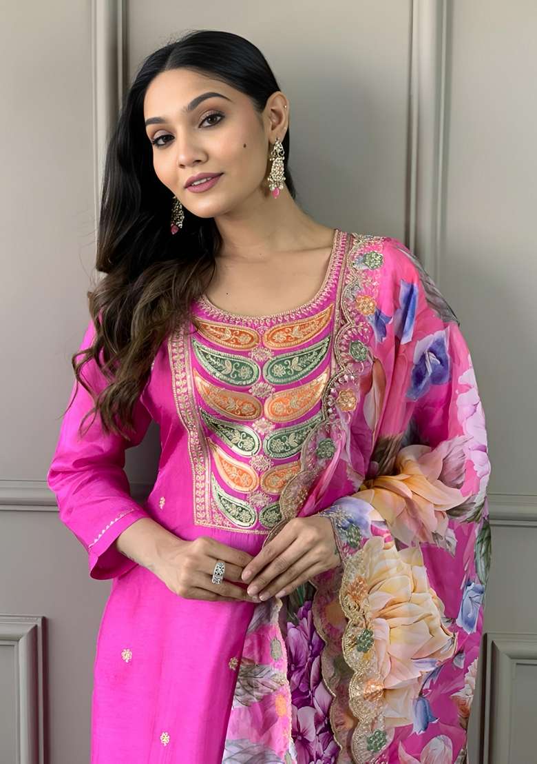 Pink Embroidered Viscose Chanderi Kurta Set - Indya
