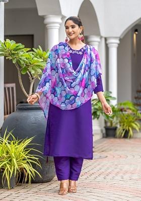 Purple Embroidered Rayon Slub Kurta Set