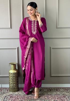 Burgundy Embroidered Viscose Chanderi Kurta Set