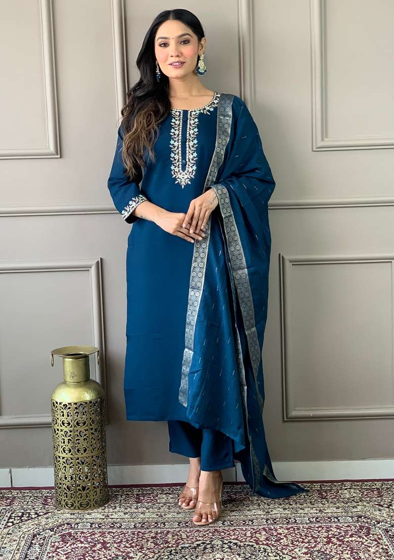 Blue Embroidered Viscose Chanderi Kurta Set - Indya