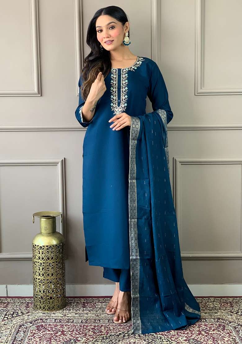Blue Embroidered Viscose Chanderi Kurta Set - Indya