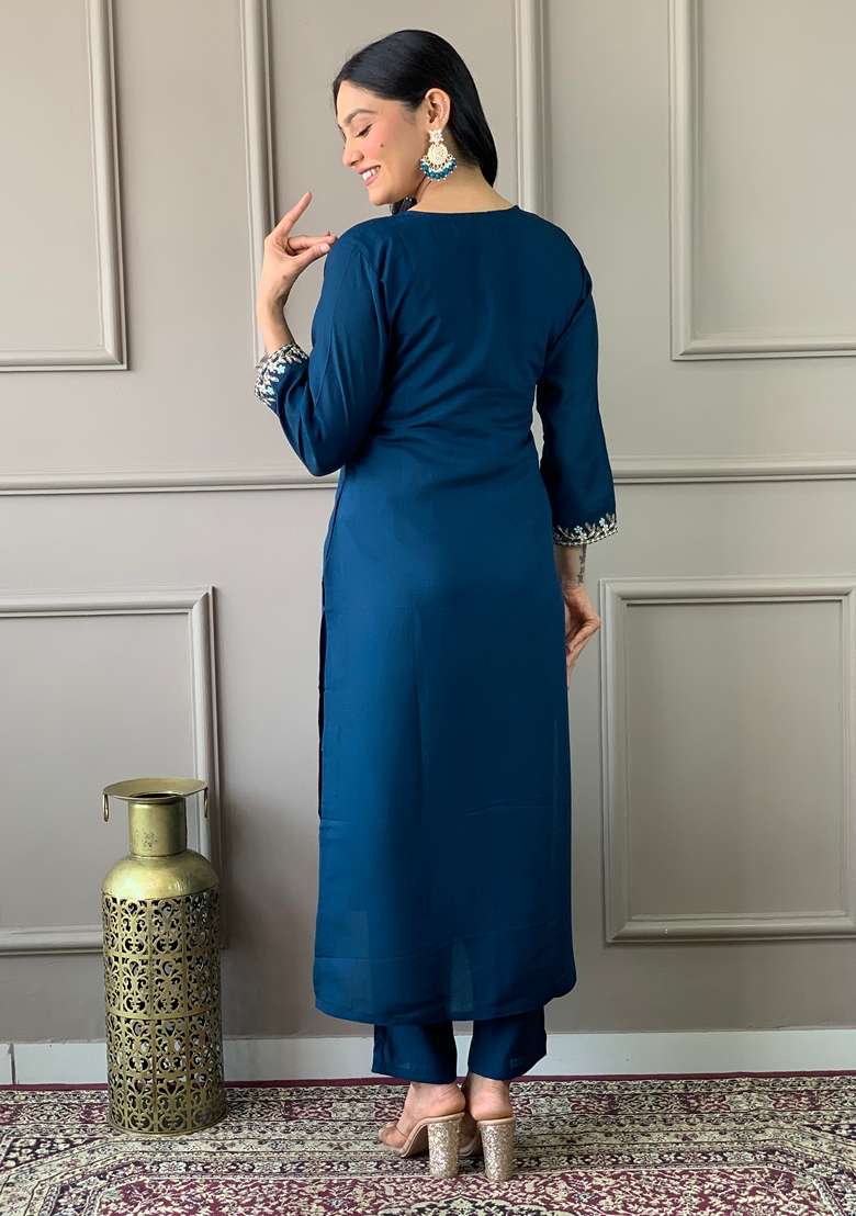 Blue Embroidered Viscose Chanderi Kurta Set - Indya