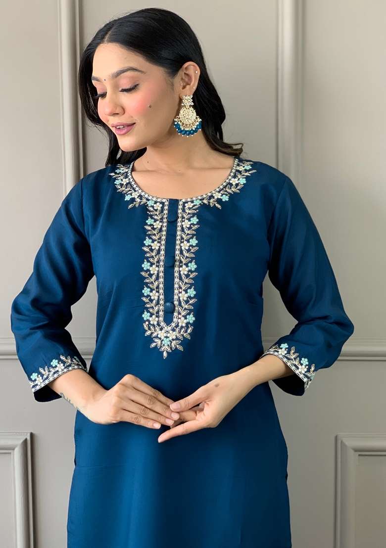 Blue Embroidered Viscose Chanderi Kurta Set - Indya