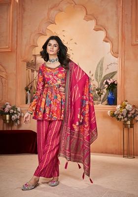 Pink Printed Silk Kurta Set