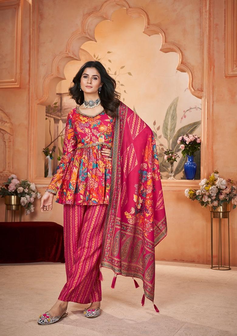 Pink Printed Silk Kurta Set