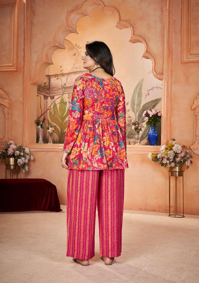 Pink Printed Silk Kurta Set