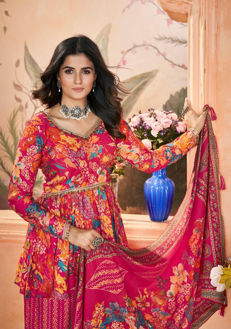 Pink Printed Silk Kurta Set