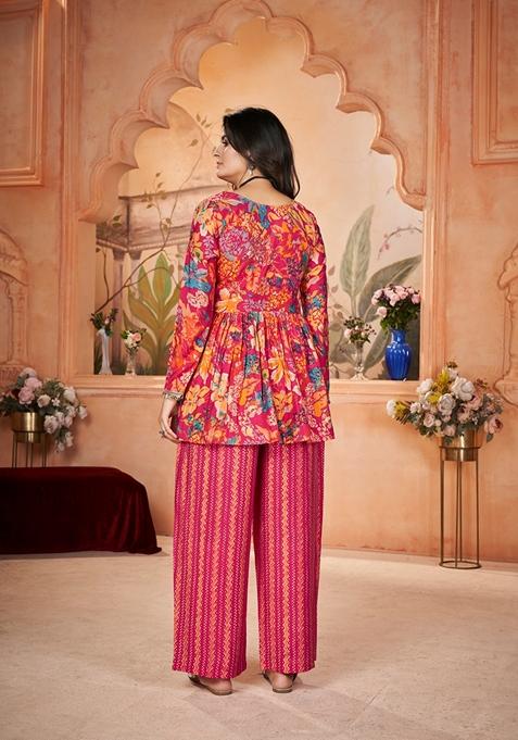 Pink Printed Silk Kurta Set