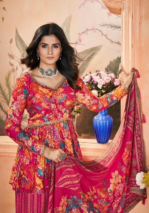 Pink Printed Silk Kurta Set