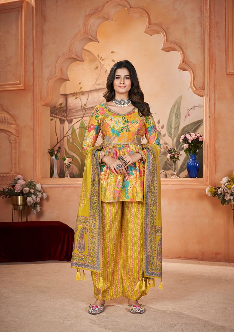 Yellow Printed Silk Kurta Set