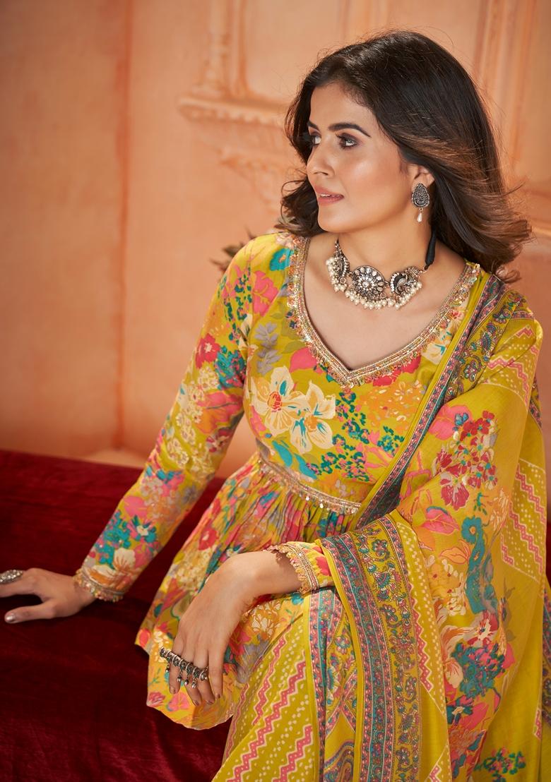 Yellow Printed Silk Kurta Set