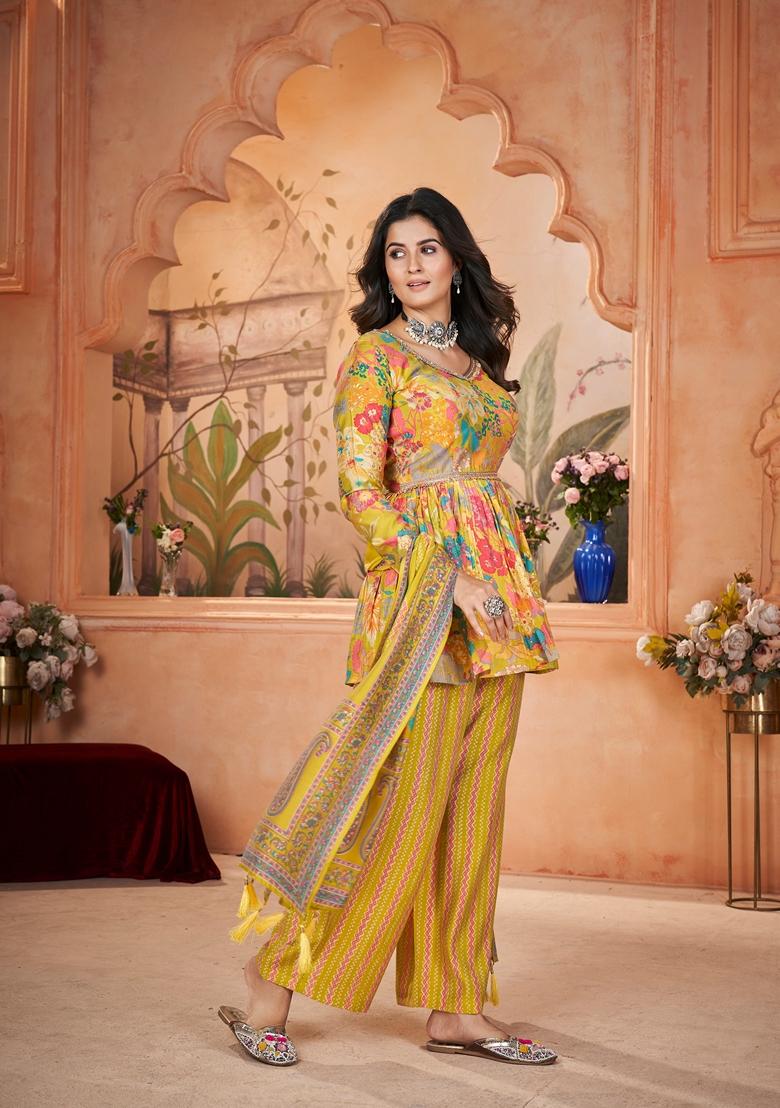 Yellow Printed Silk Kurta Set