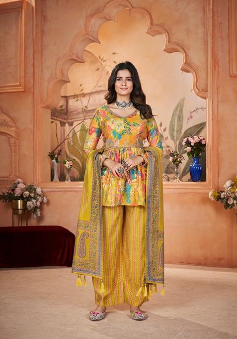Yellow Printed Silk Kurta Set