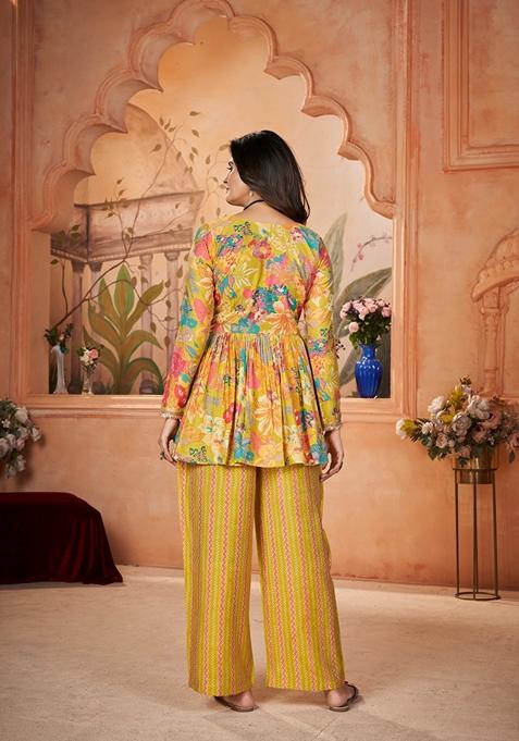 Yellow Printed Silk Kurta Set
