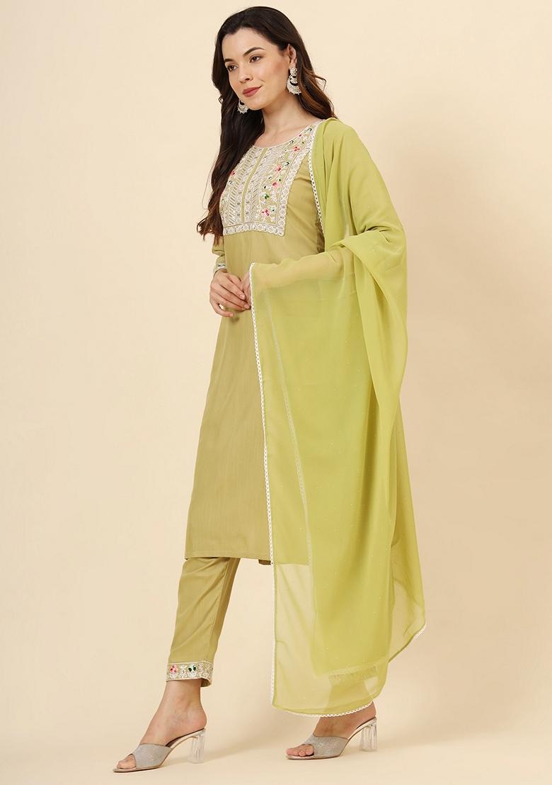 Green Embroidered Cotton Kurta Set