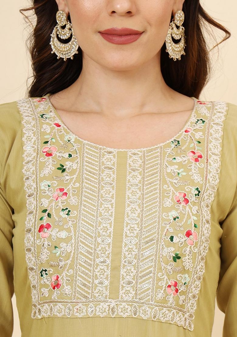 Green Embroidered Cotton Kurta Set