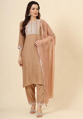 Peach Embroidered Cotton Kurta Set