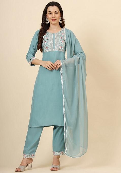 Blue Embroidered Cotton Kurta Set