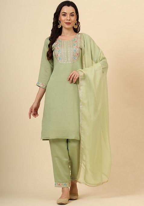 Green Embroidered Silk Blend Kurta Set
