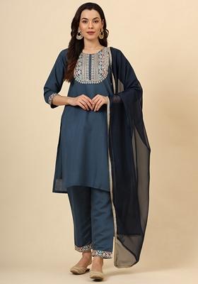 Teal Blue Embroidered Silk Blend Kurta Set